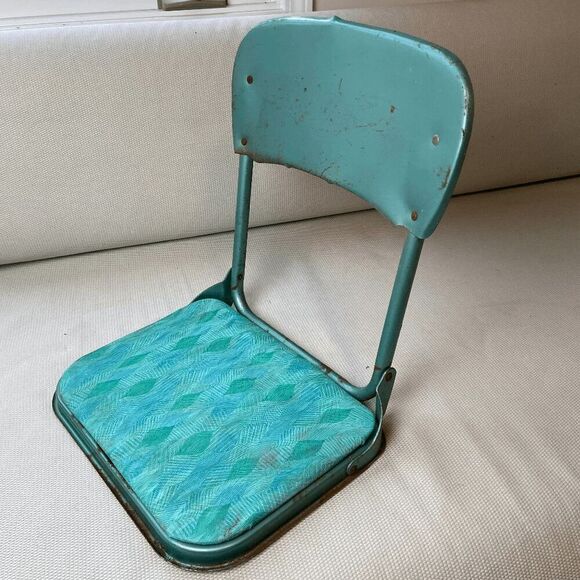Vintage 1950s Teal Folding Stadium Chair w/ Aqua Mod Print Cushion - Picture 6 of 7
